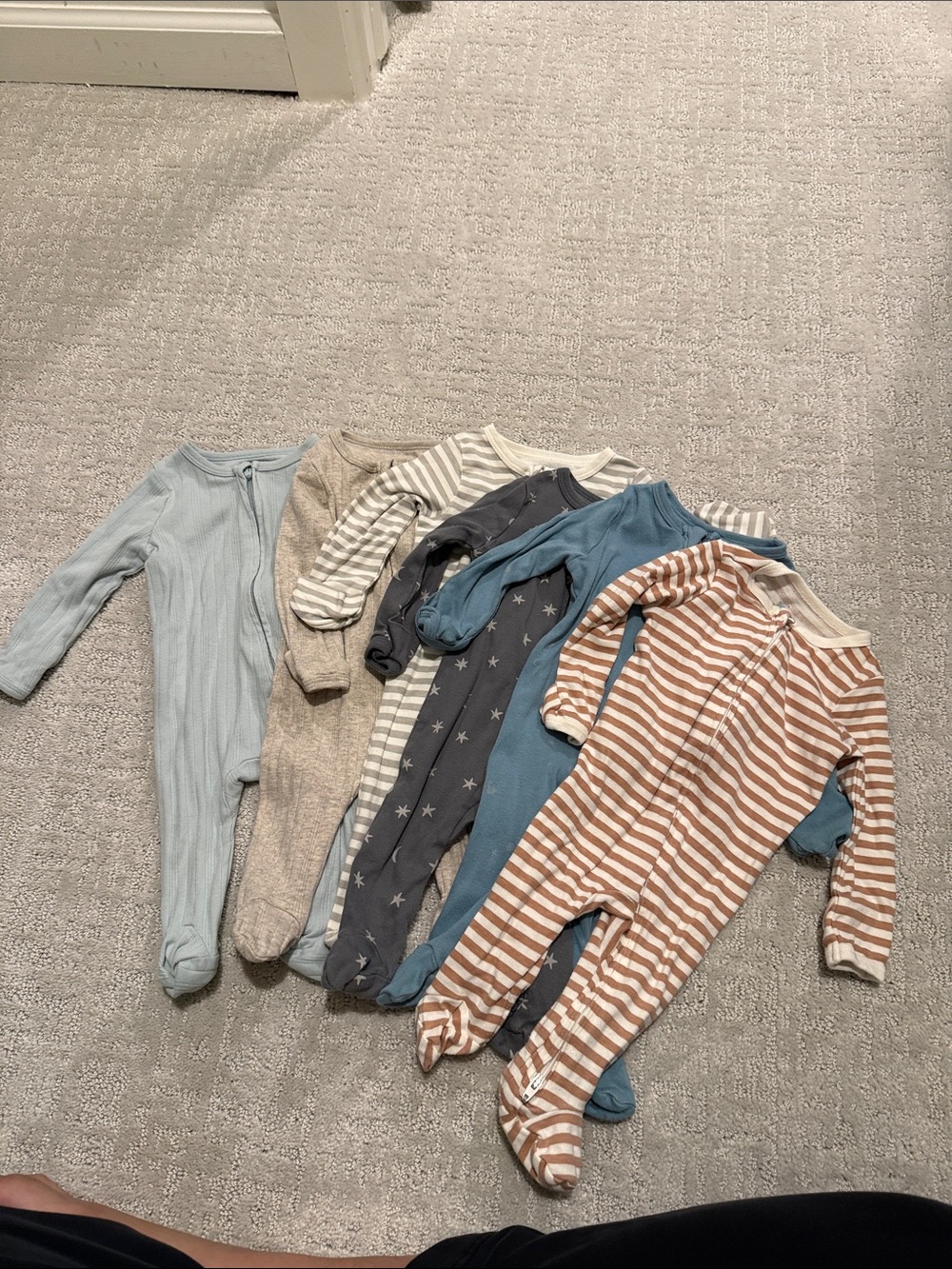 cloud island Baby Footed One-Piece Sleepers in Blue, Cream, Gray & Brown Stripe